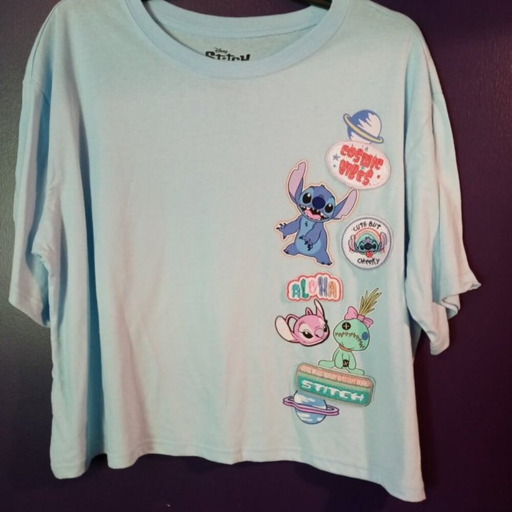 Stitch Crop Top in light Blue with Patches Down the Right Side